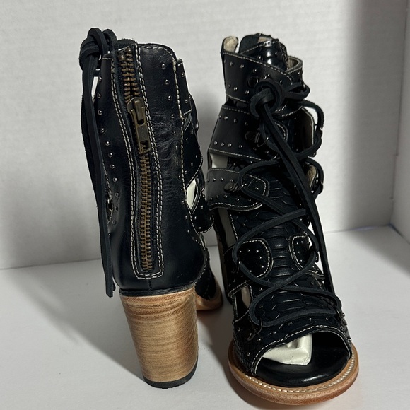 Freebird by Steven Black Lace-Up Heels snake print leather. - Picture 2 of 4